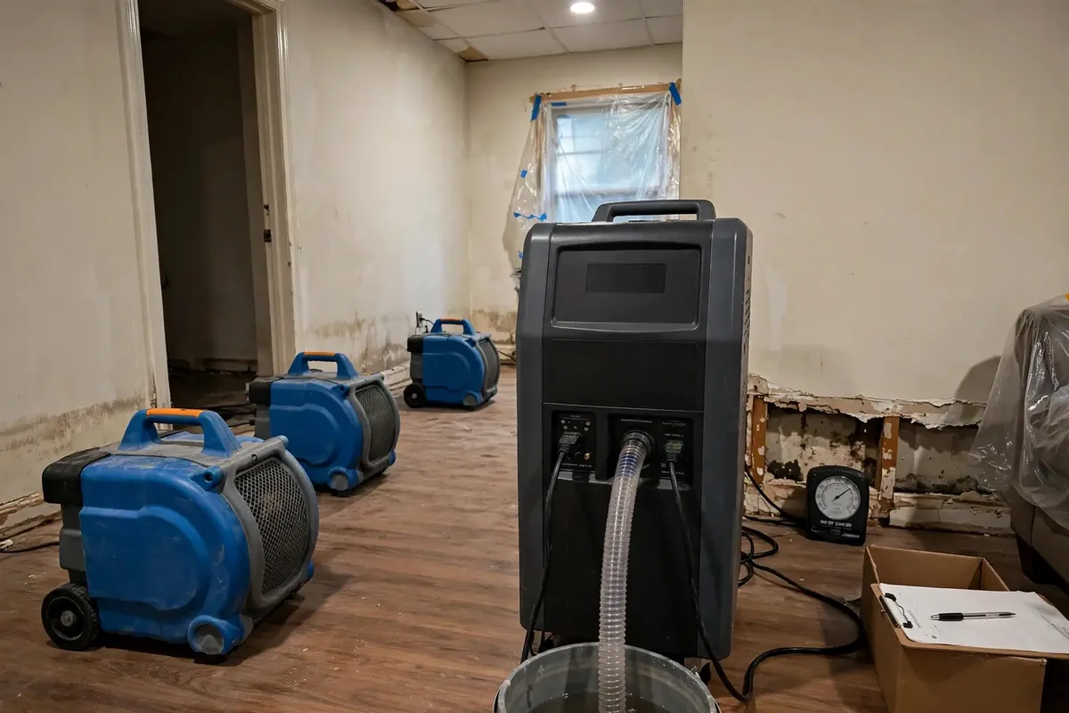Dehumidifier and air movers drying a room after water damage