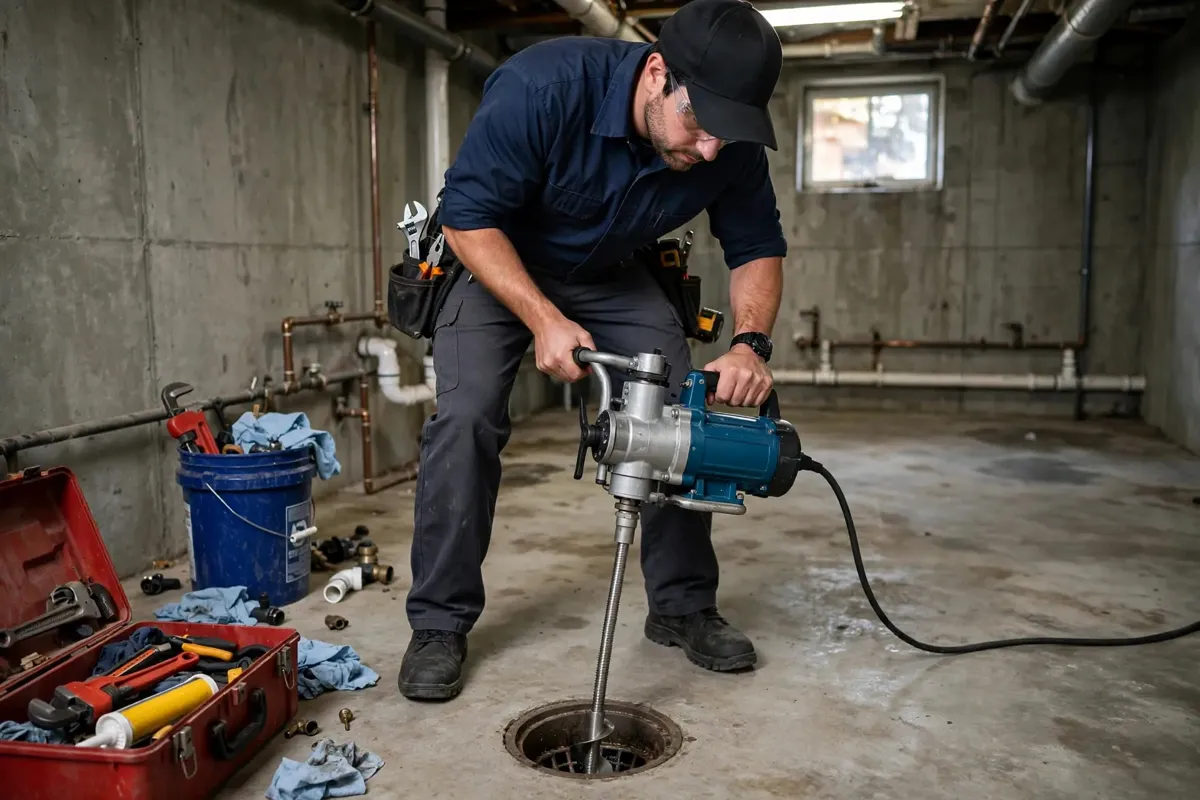 Plumber using a motorized drain snake on a floor drain