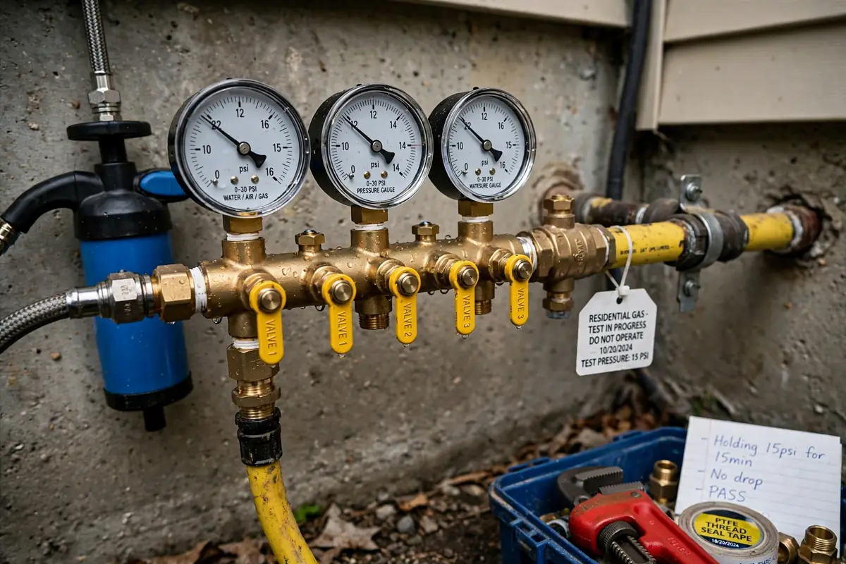 Pressure gauge manifold testing a residential gas line