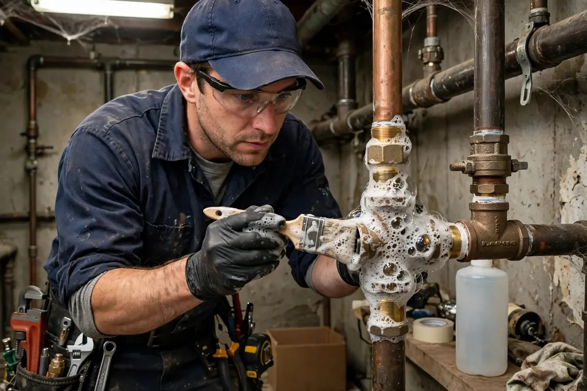 Plumber testing a gas pipe joint with soapy water for leaks