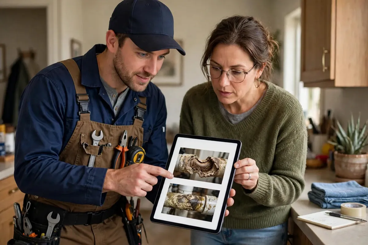 Plumber showing a homeowner pipe damage photos on a tablet