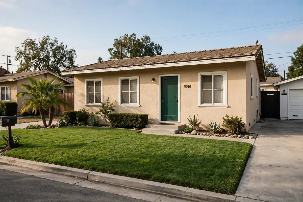 Single story postwar home on a residential street in Compton