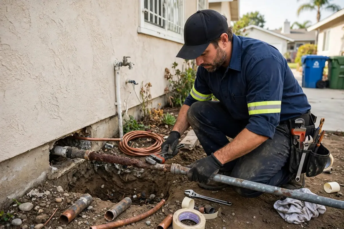 Technician replacing corroded galvanized pipe in a Gardena home