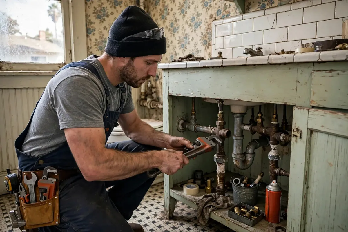 Pipe repair work inside an older Long Beach home
