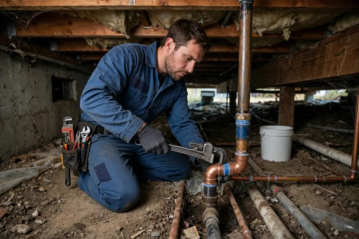 Plumber repairing a burst pipe inside a Torrance home