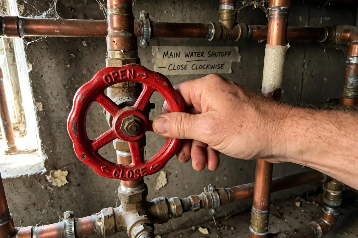 Hand turning the main water shutoff valve