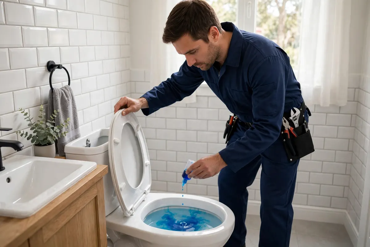 Plumber adding blue dye to a toilet bowl to test for a silent toilet leak