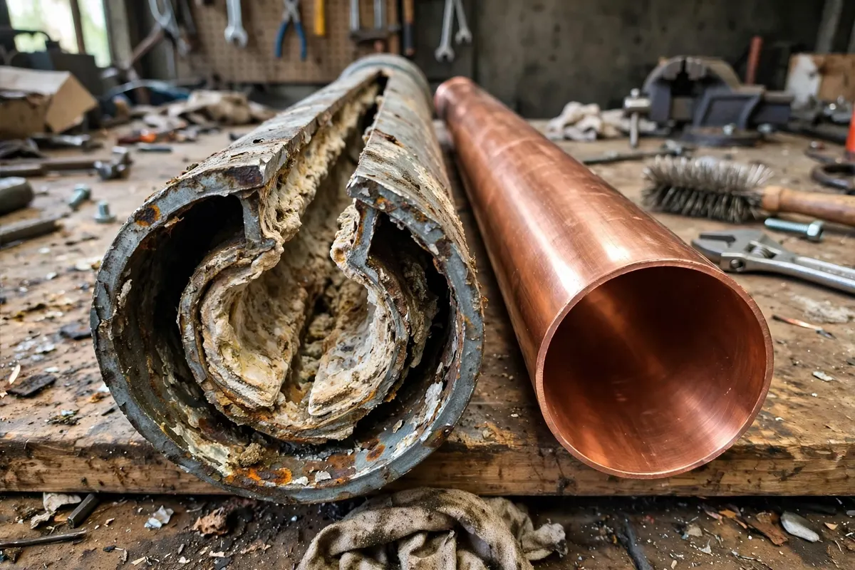 Cut open galvanized pipe showing rust buildup beside a new copper pipe