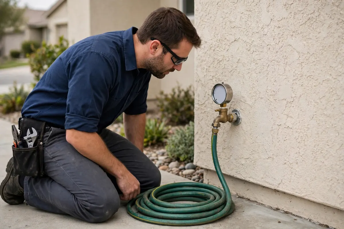 Plumber reading a water pressure gauge on an outdoor hose bib