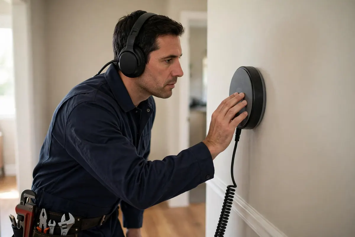 Plumber using an acoustic listening device on a wall to locate a hidden leak