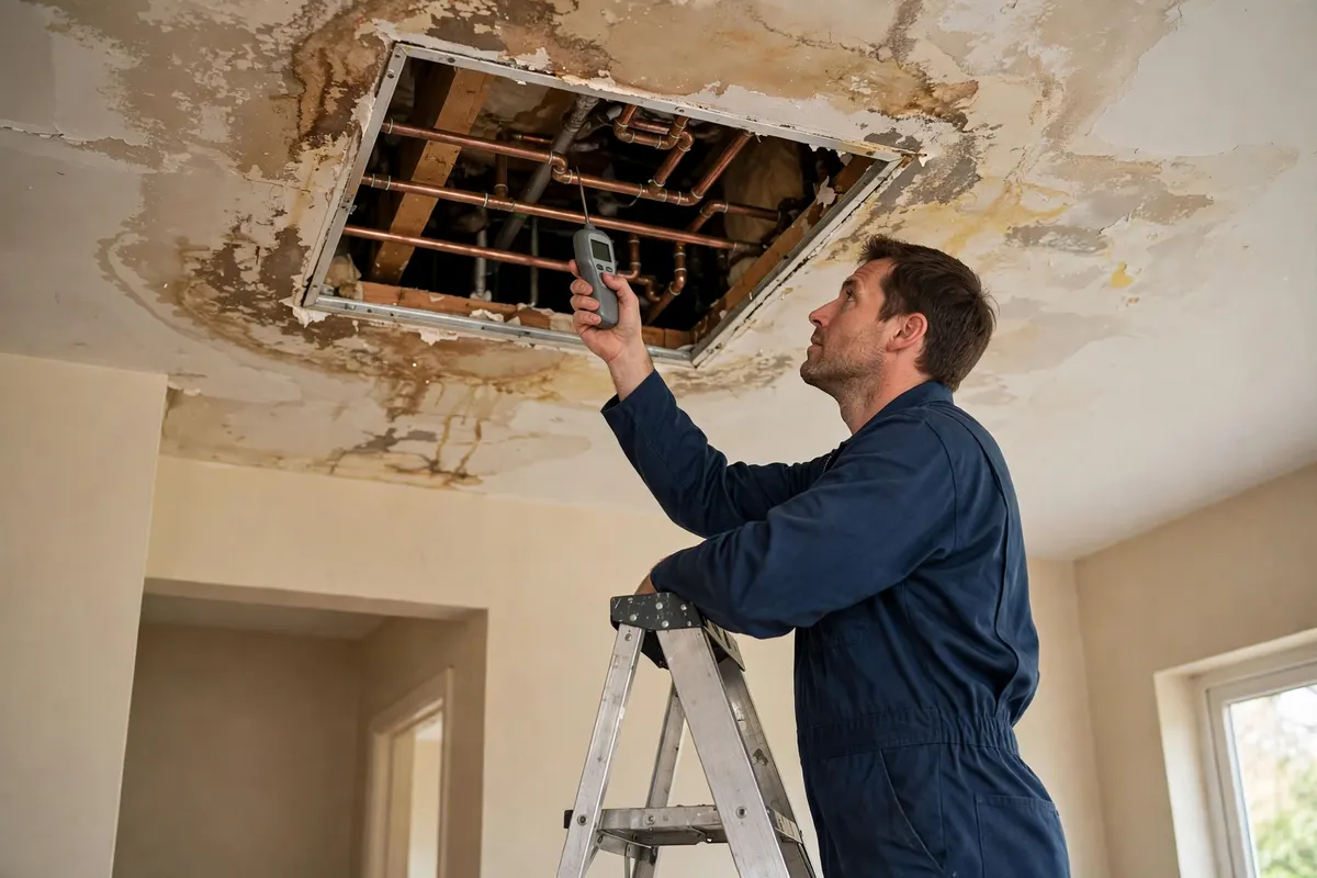 Plumber checking a stained ceiling and exposed copper pipes with a moisture meter