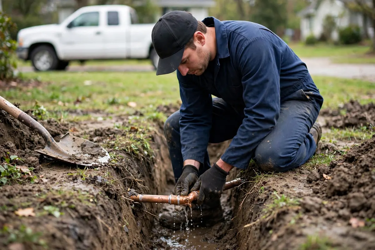 Plumber repairing a copper water line in a shallow yard trench