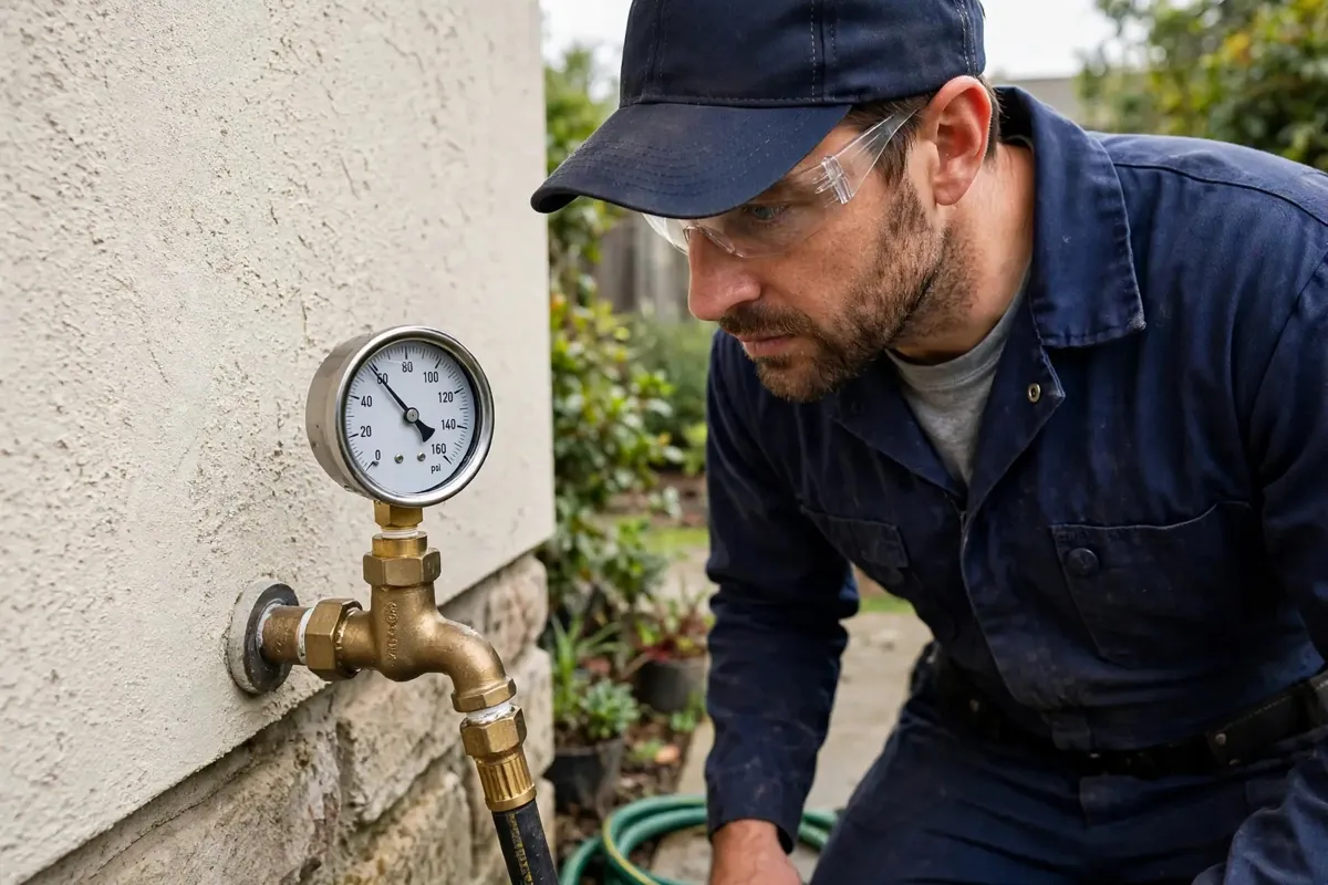 Plumber reading a water pressure gauge