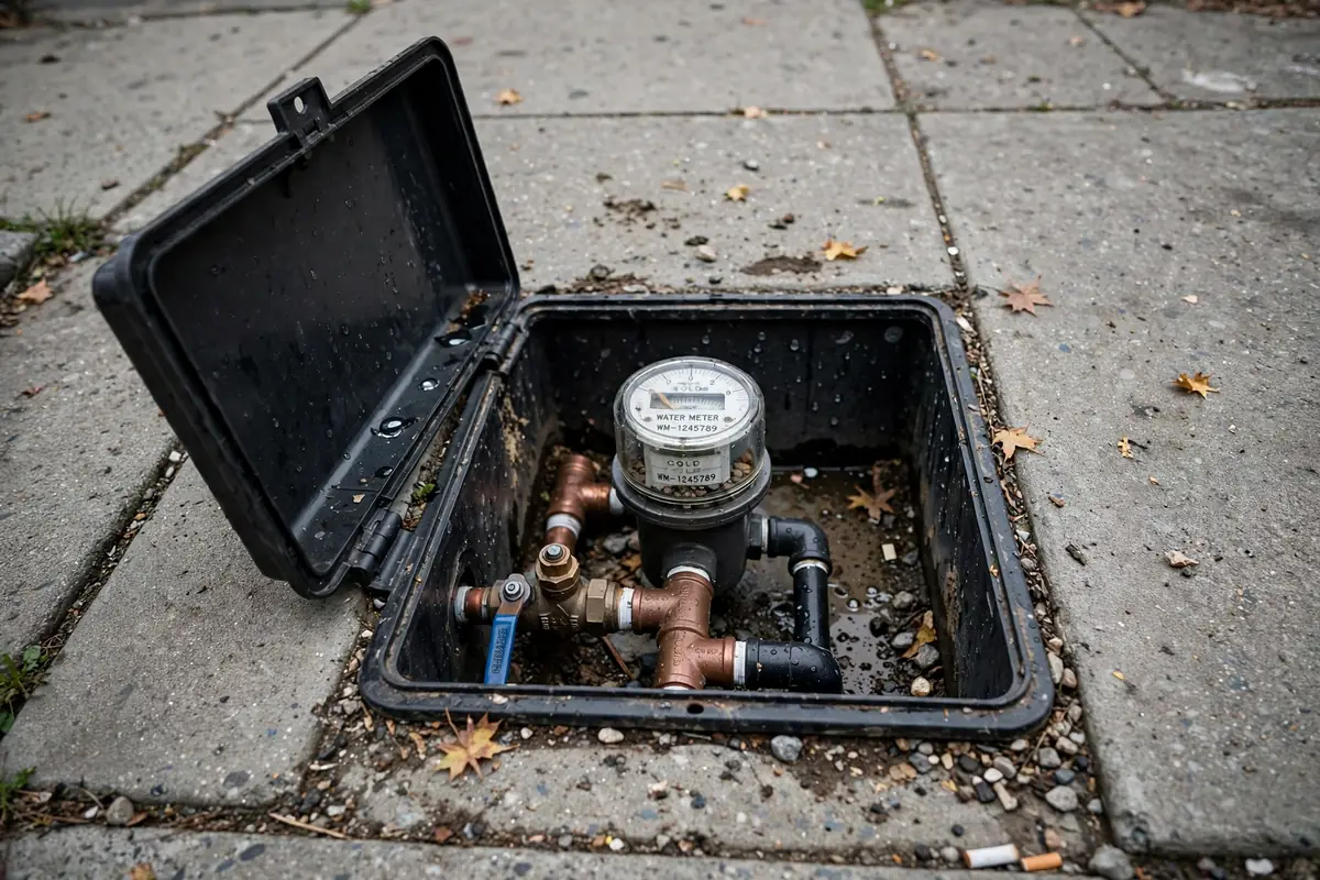 Open water meter box set into a sidewalk