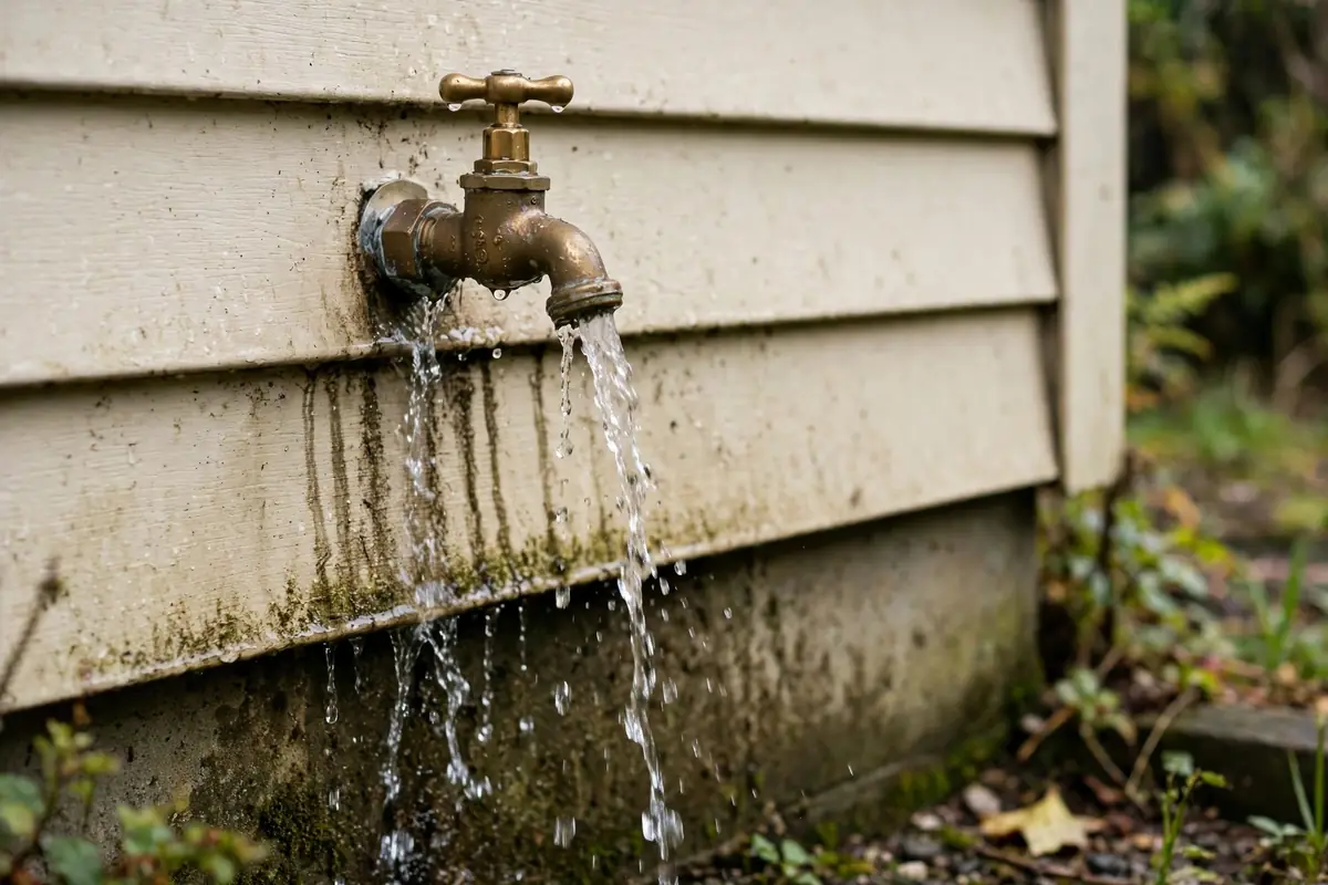 Outdoor hose spigot leaking down a house wall