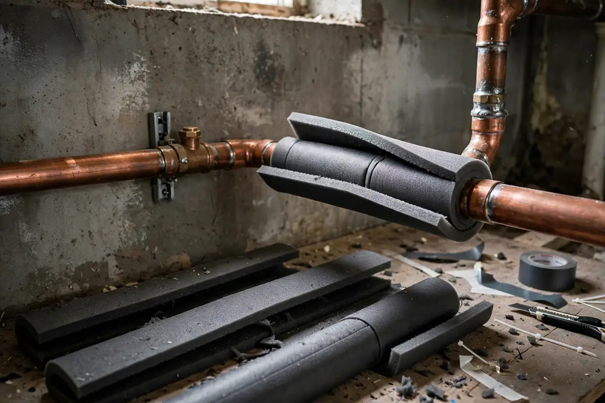 Foam insulation being wrapped around water pipes