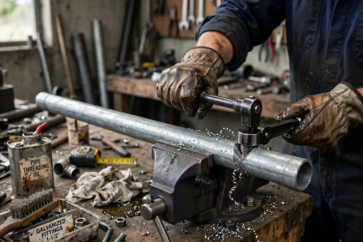 Threading a steel pipe with a pipe threading tool