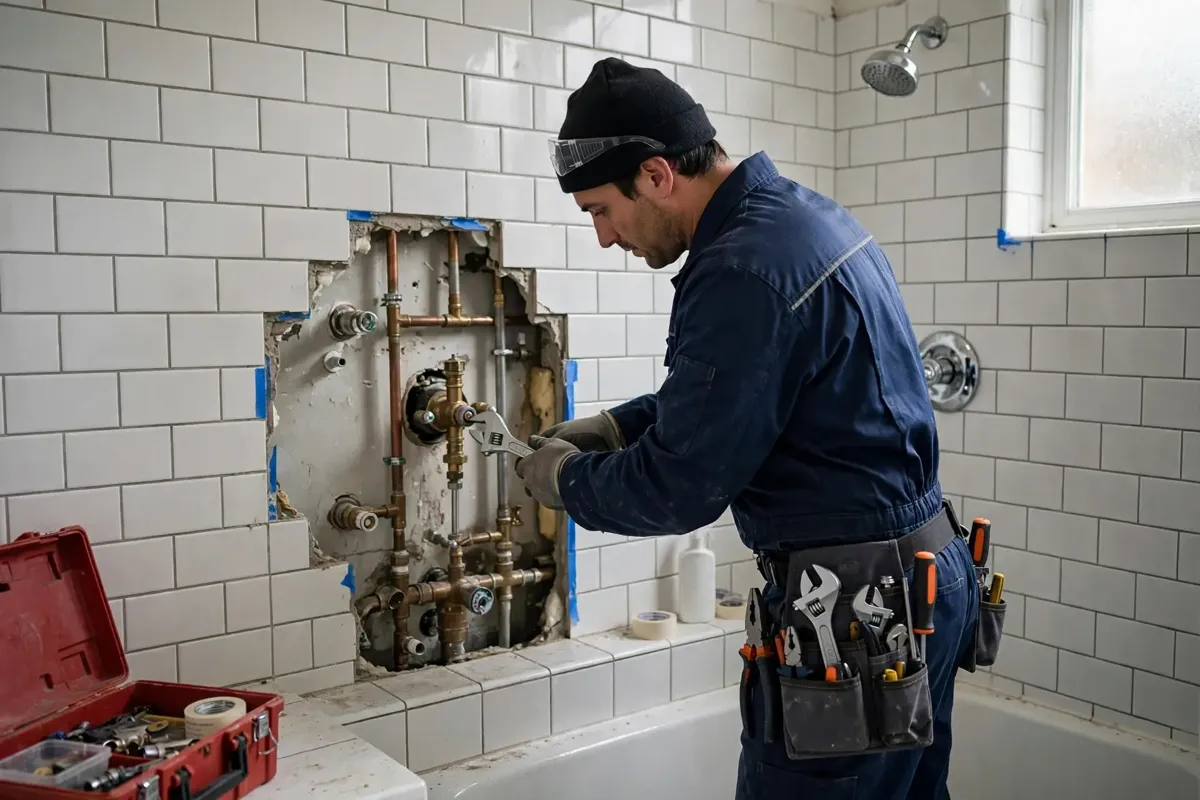 Plumber fixing a shower valve in a tiled bathroom