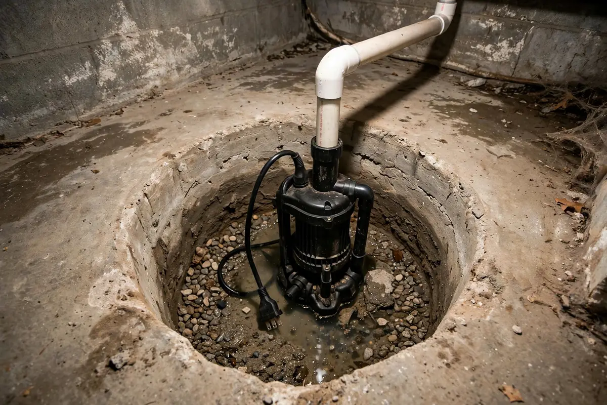 Sump pump in a basement sump pit