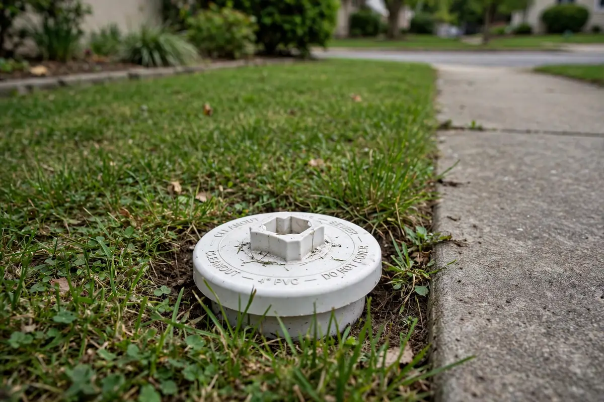 PVC sewer cleanout cap in a front yard
