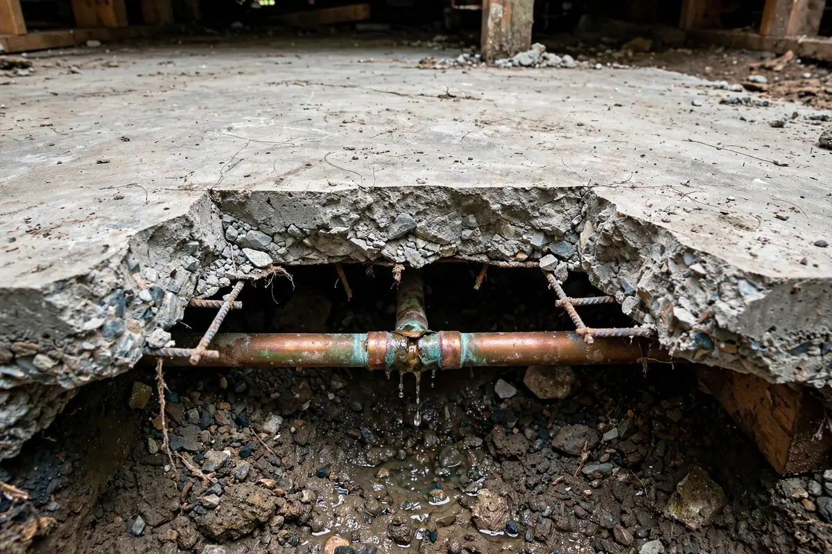 Opened concrete slab exposing a leaking pipe under a home