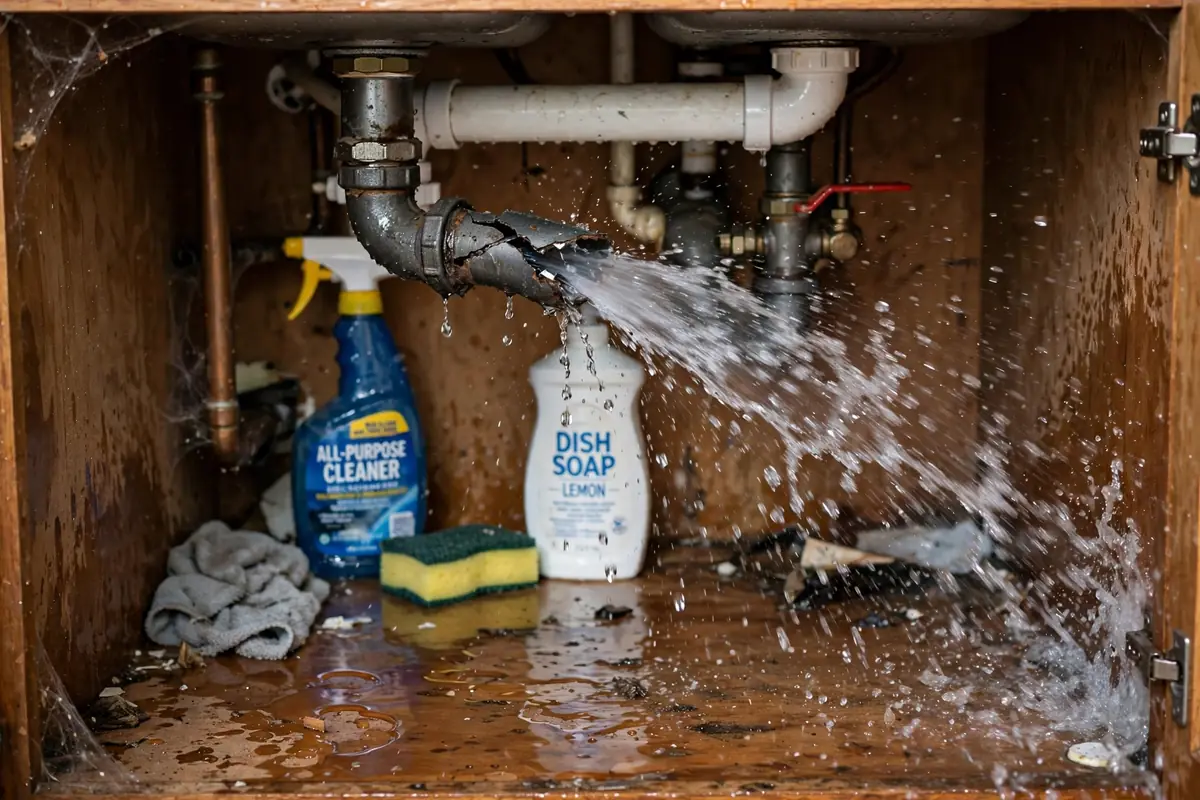 Water spraying from a broken pipe under a sink