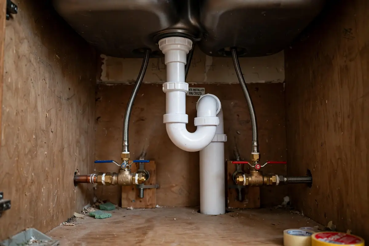 Clean PVC drain pipes and shutoff valves under a kitchen sink
