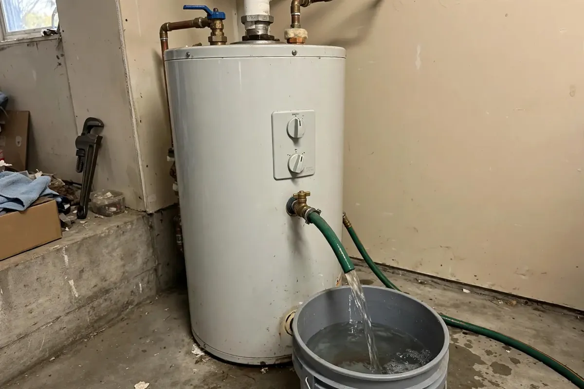 Water heater draining through a garden hose on its drain valve