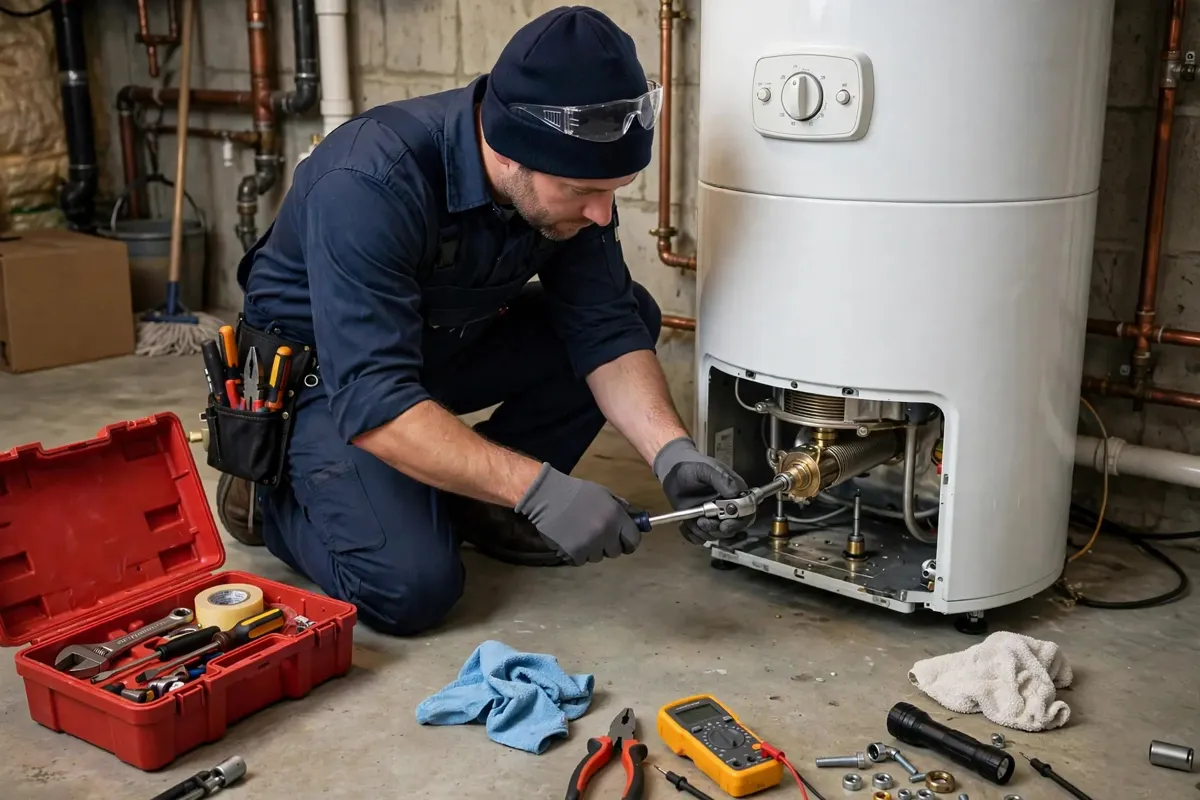 Plumber replacing a heating element on a water heater